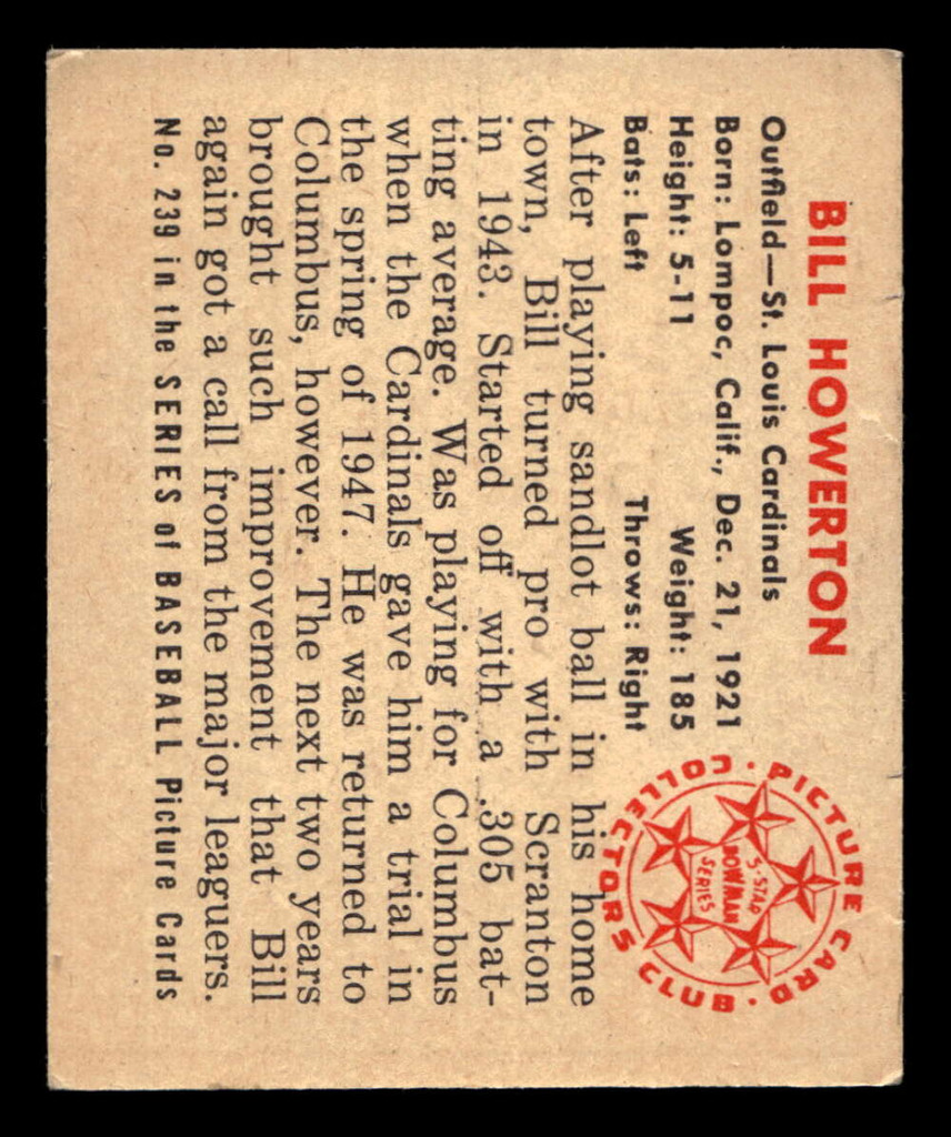 1950 Bowman #239 Bill Howerton ERR: No Copyright Very Good RC Rookie 