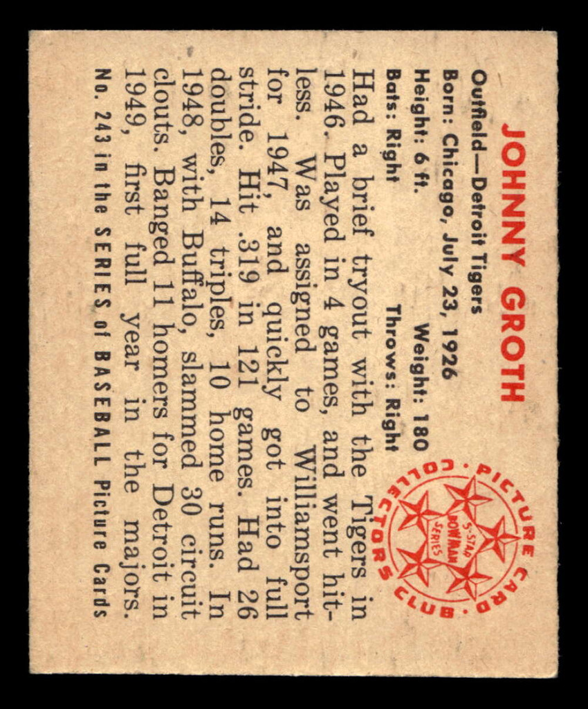 1950 Bowman #243 Johnny Groth ERR: No Copyright Ex-Mint RC Rookie 