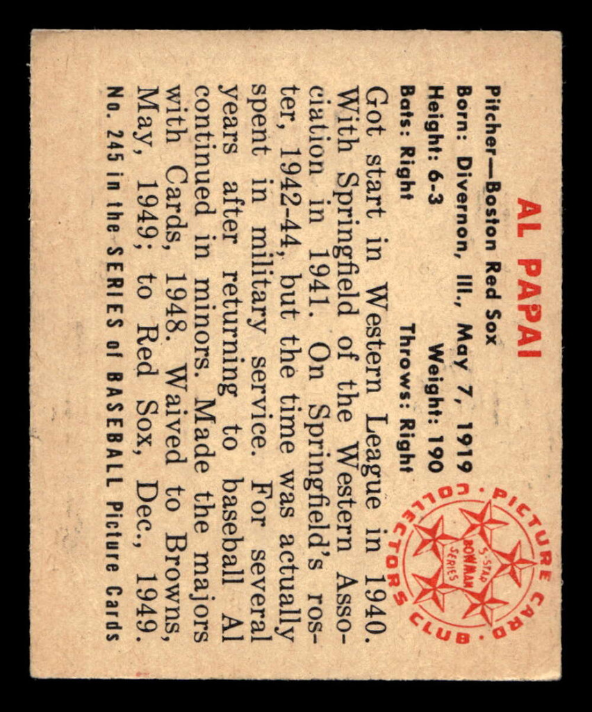 1950 Bowman #245 Al Papai ERR: No Copyright Excellent+ RC Rookie 