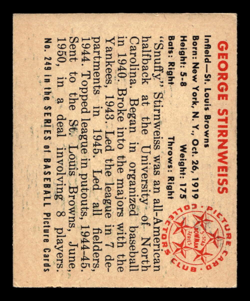 1950 Bowman #249 George Stirnweiss ERR: No Copyright Excellent+ 