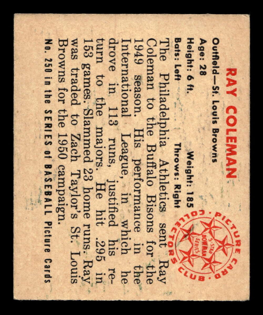 1950 Bowman #250 Ray Coleman ERR: No Copyright Excellent RC Rookie 