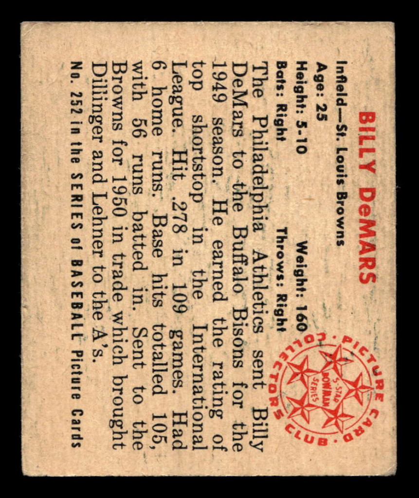 1950 Bowman #252 Billy DeMars ERR: No Copyright VG-EX RC Rookie 
