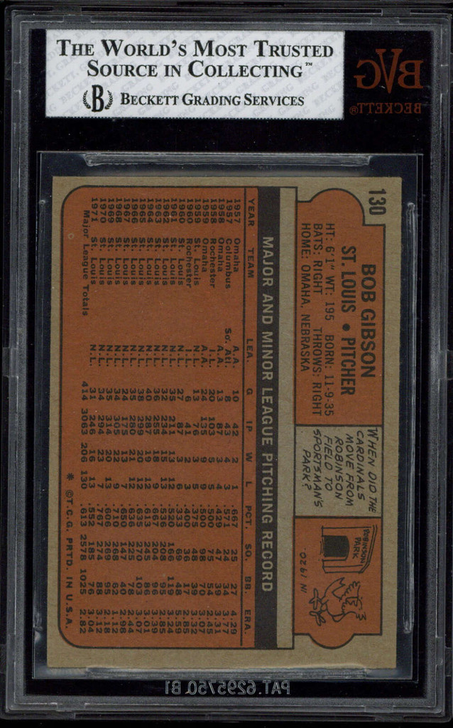 1972 Topps #130 Bob Gibson Cardinals BVG 6.5 EX-Mint+