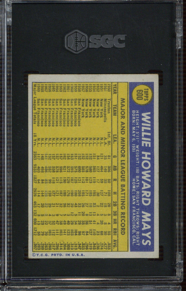 1970 Topps #600 Willie Mays Giants SGC 4 VG-EX