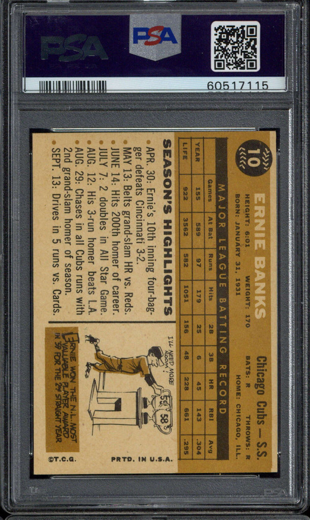 1960 Topps #10 Ernie Banks Cubs PSA 6 EX-Mint