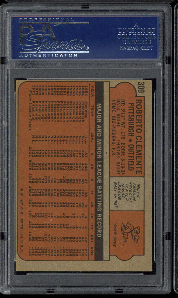 1972 Topps #309 Roberto Clemente Pirates PSA 6 EX-Mint