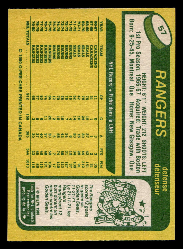 1980-81 O-Pee-Chee #57 Carol Vadnais Ex-Mint OPC 