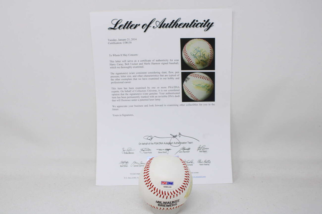 Harry Caray Bob Uecker Merle Harmon Baseball Signed Autograph PSA/DNA Announcers
