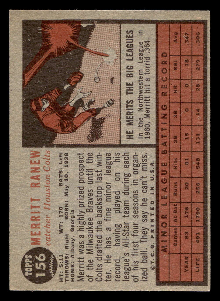1962 Topps #156 Merritt Ranew Ex-Mint RC Rookie  ID: 512859