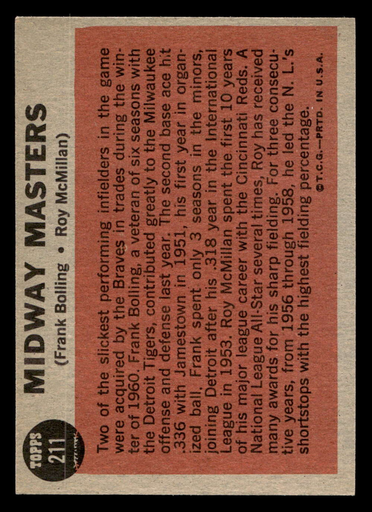 1962 Topps #211 Frank Bolling/Roy McMillan Midway Masters Ex-Mint  ID: 512915