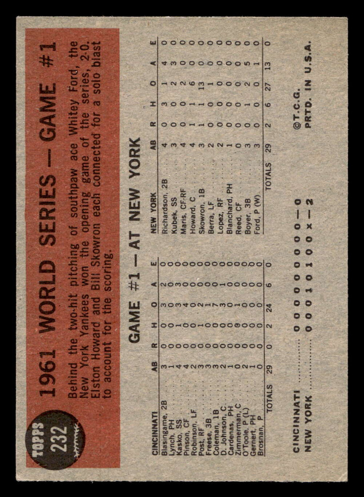 1962 Topps #232 World Series Game 1 Yanks Win Opener Excellent+  ID: 512955