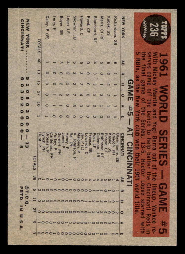 1962 Topps #236 World Series Game 5 Yanks Crush Reds in Finale Ex-Mint  ID: 512967