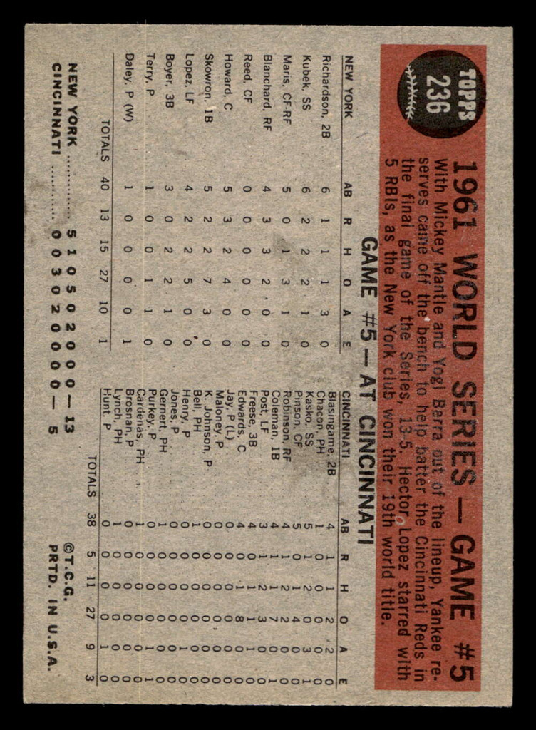 1962 Topps #236 World Series Game 5 Yanks Crush Reds in Finale Ex-Mint  ID: 512968