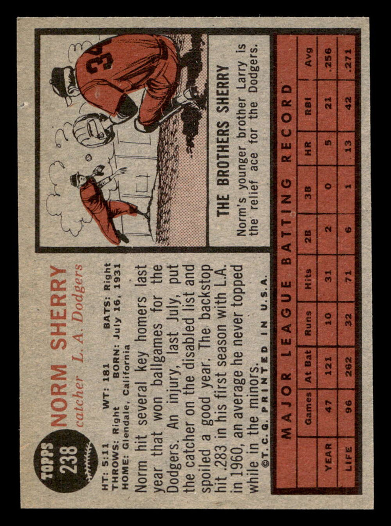1962 Topps #238 Norm Sherry Near Mint+ 