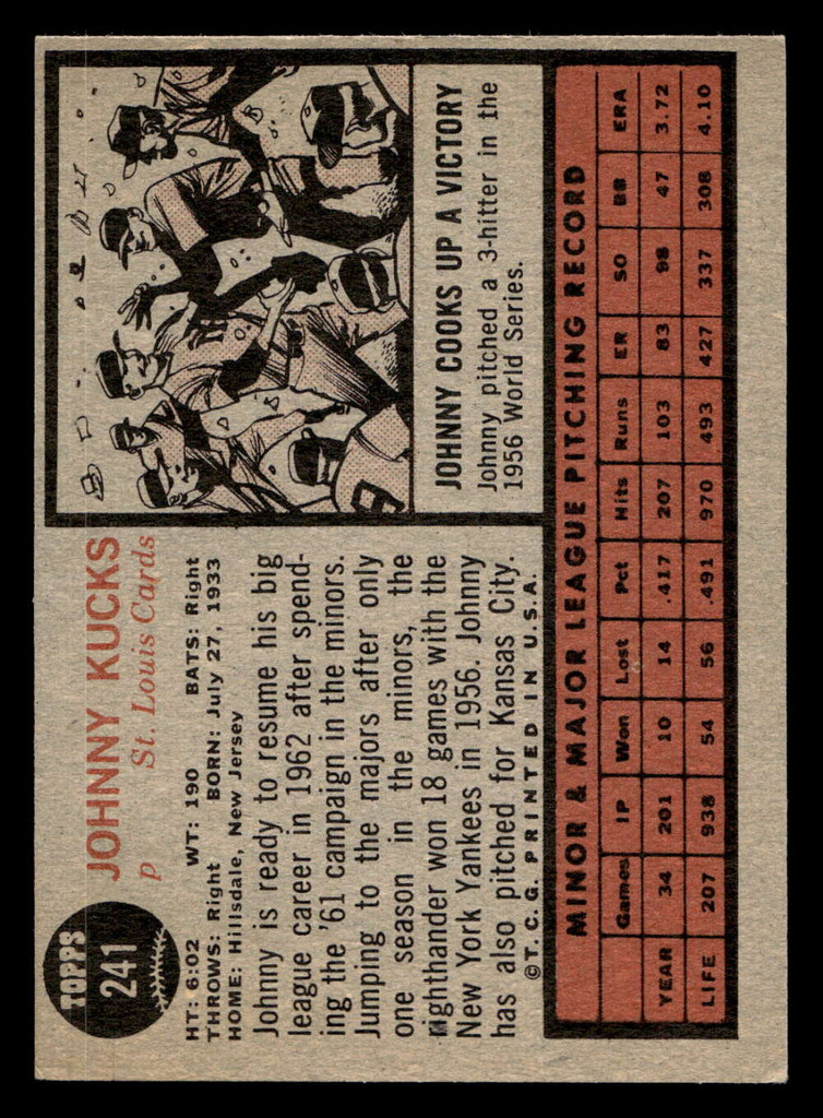 1962 Topps #241 Johnny Kucks VG-EX 