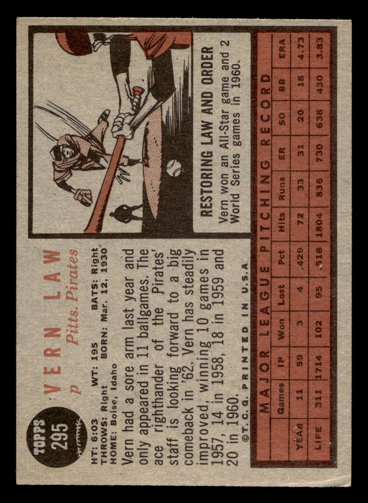 1962 Topps #295 Vern Law Excellent+  ID: 513057
