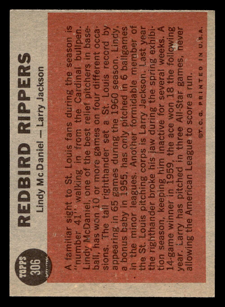 1962 Topps #306 Lindy McDaniel/Larry Jackson Redbird Rippers Near Mint  ID: 513063
