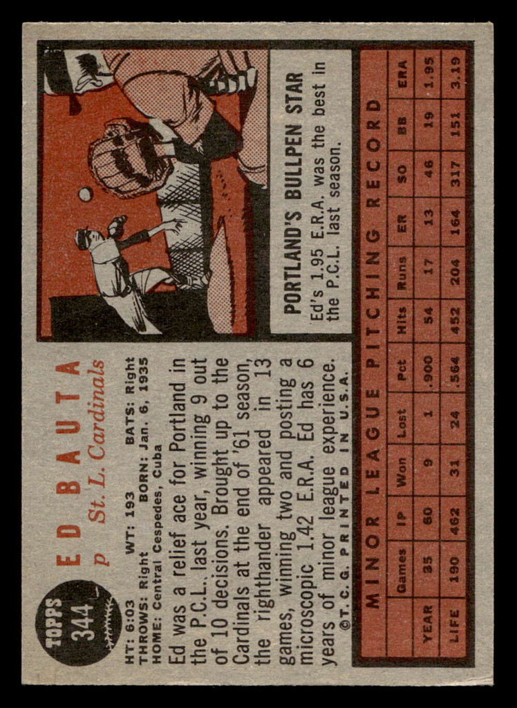 1962 Topps #344 Ed Bauta Very Good RC Rookie  ID: 513087