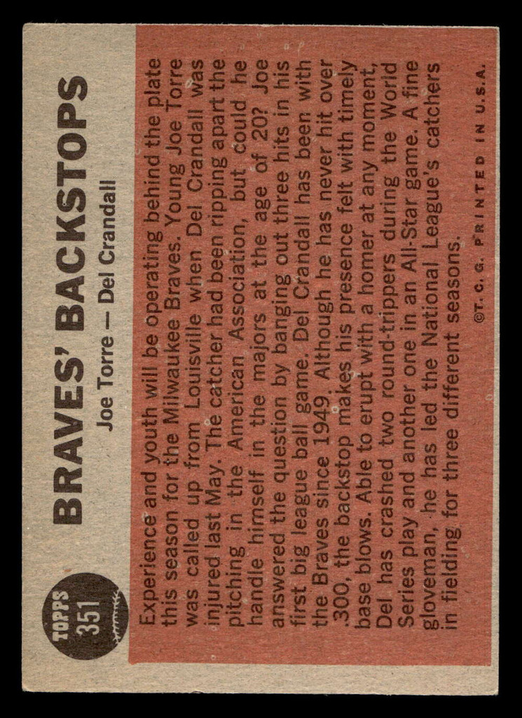 1962 Topps #351 Joe Torre/Del Crandall Braves' Backstops Excellent+  ID: 513090