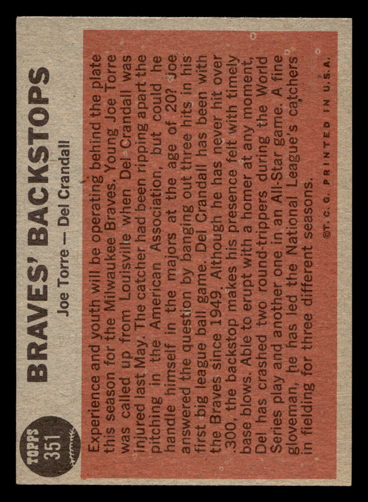 1962 Topps #351 Joe Torre/Del Crandall Braves' Backstops Ex-Mint  ID: 513091