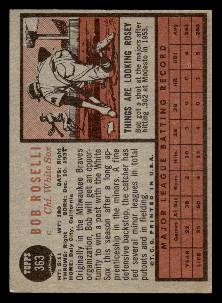 1962 Topps #363 Bob Roselli Excellent+  ID: 513100