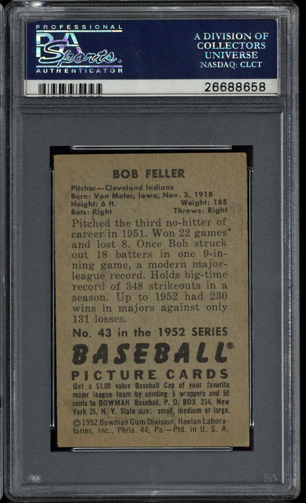 1952 Bowman #43 Bob Feller Indians PSA 4 VG-EX