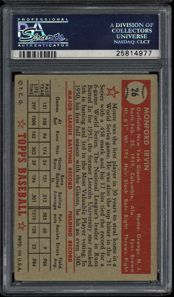 1952 Topps #26 Monty Irvin Giants PSA 3 VG Red Back