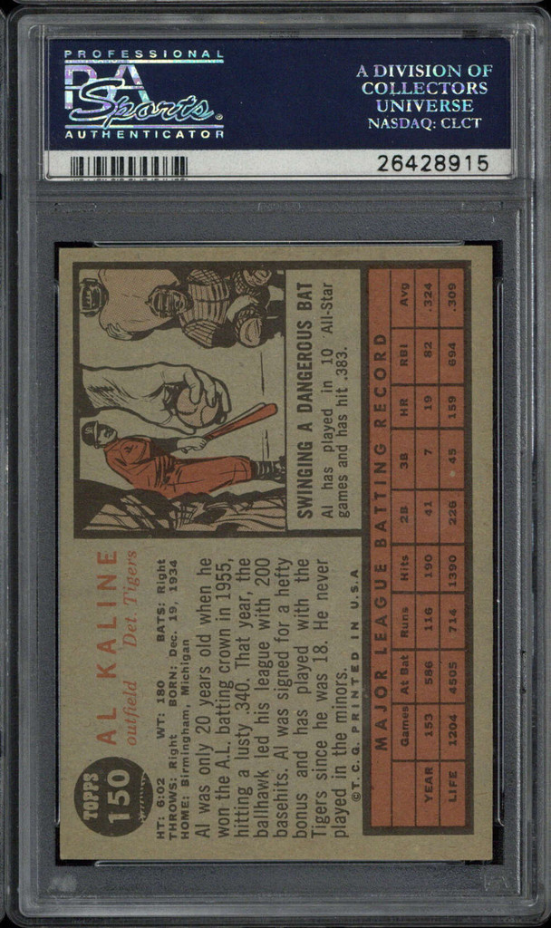1962 Topps #150 Al Kaline Tigers PSA 6 EX-Mint