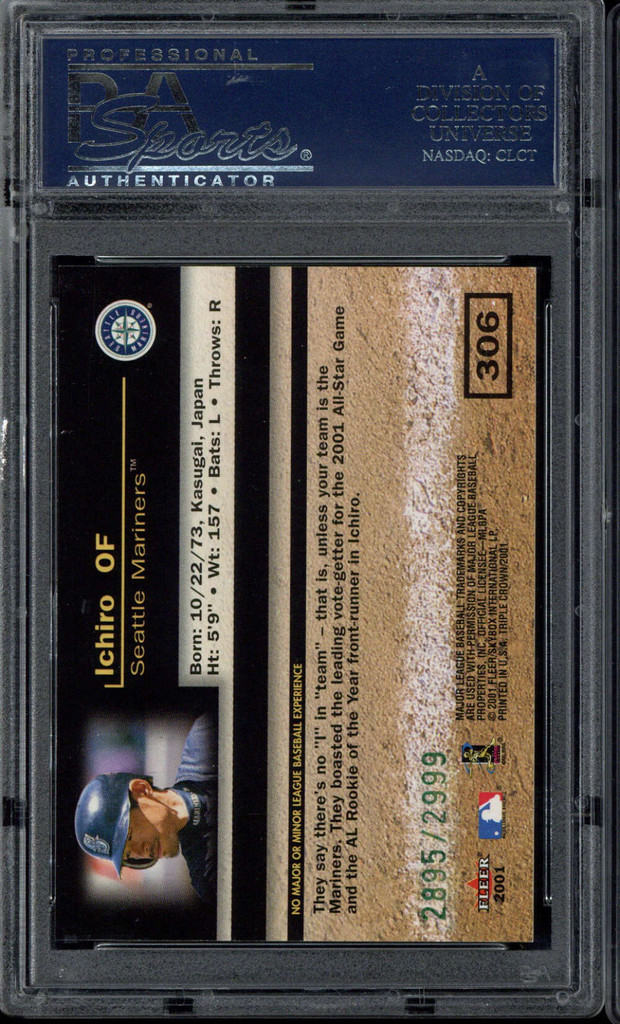 2001 Fleer Triple Crown #306 Ichiro Suzuki Mariners PSA 10 Gem Mint RC /2999
