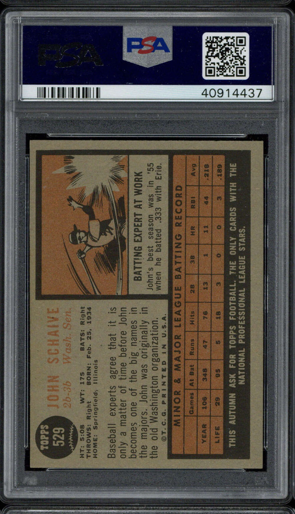 1962 Topps #529 John Schaive Senators PSA 6 EX-Mint High #