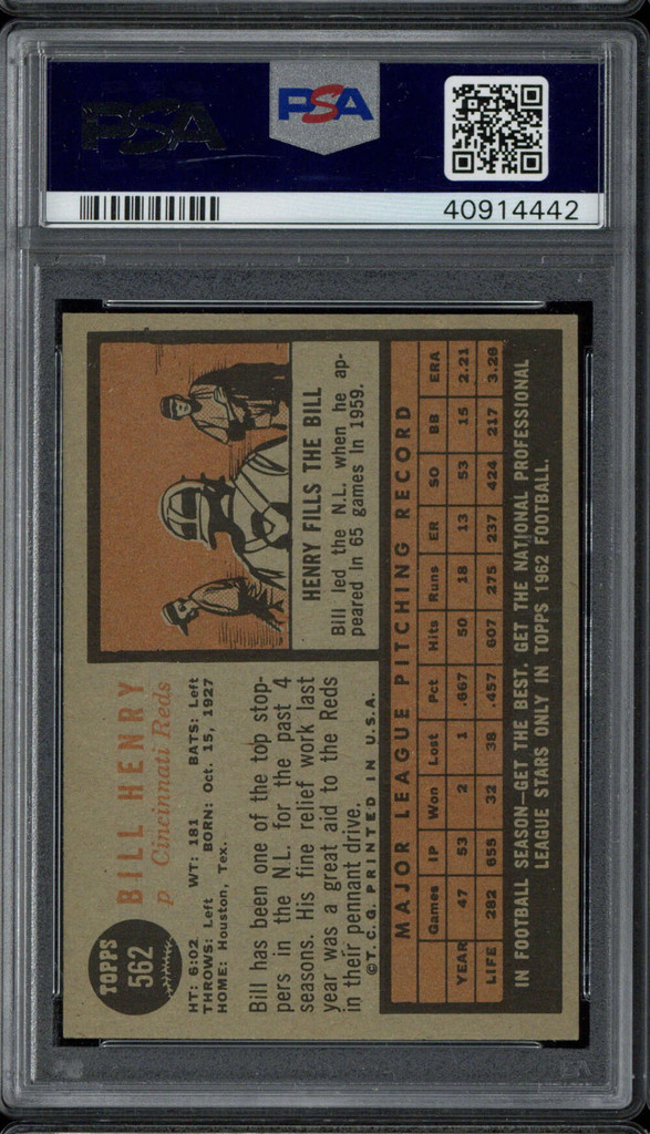 1962 Topps #562 Bill Henry Reds PSA 6 EX-Mint High #