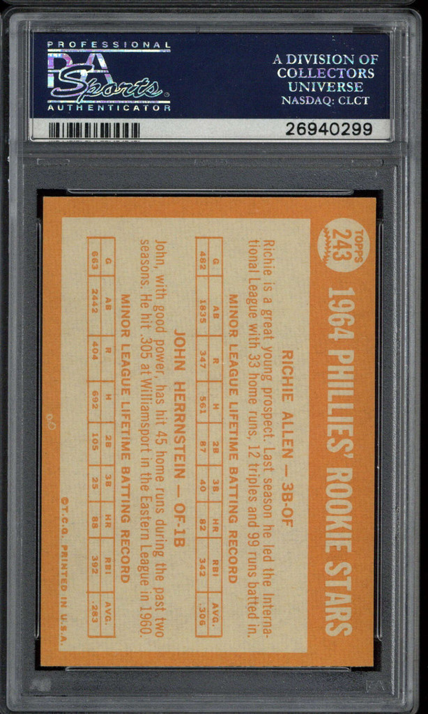 1964 Topps #243 Richie Allen John Herrnstein Phillies PSA 5 EX Rookie Stars RC