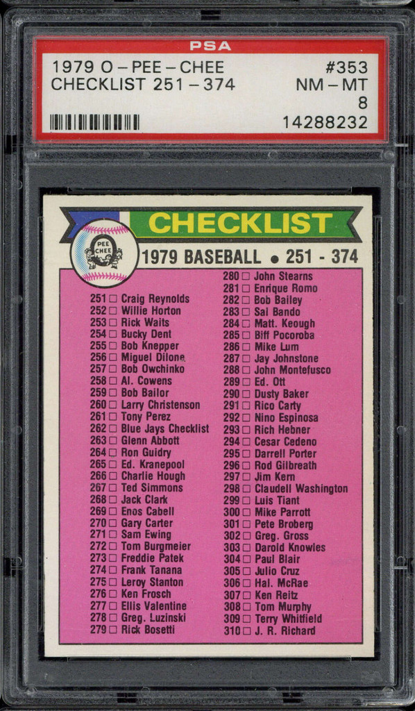 1979 O-Pee-Chee OPC #353 Checklist 251-374 Baseball PSA 8 NM-Mint