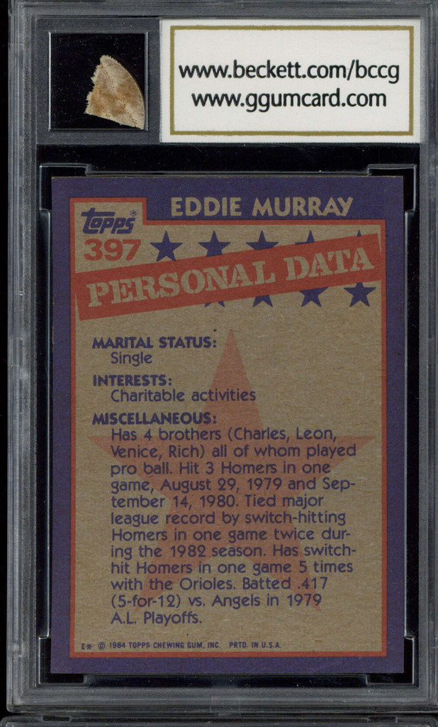 1984 Topps #397 Eddie Murray Orioles BCCG 9 Game Used Bat