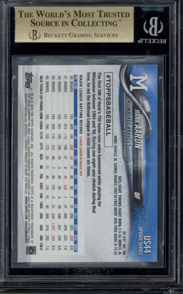 2018 Topps Update US44 Hank Aaron Braves BGS 9.5 Gem Mint Photo Variations