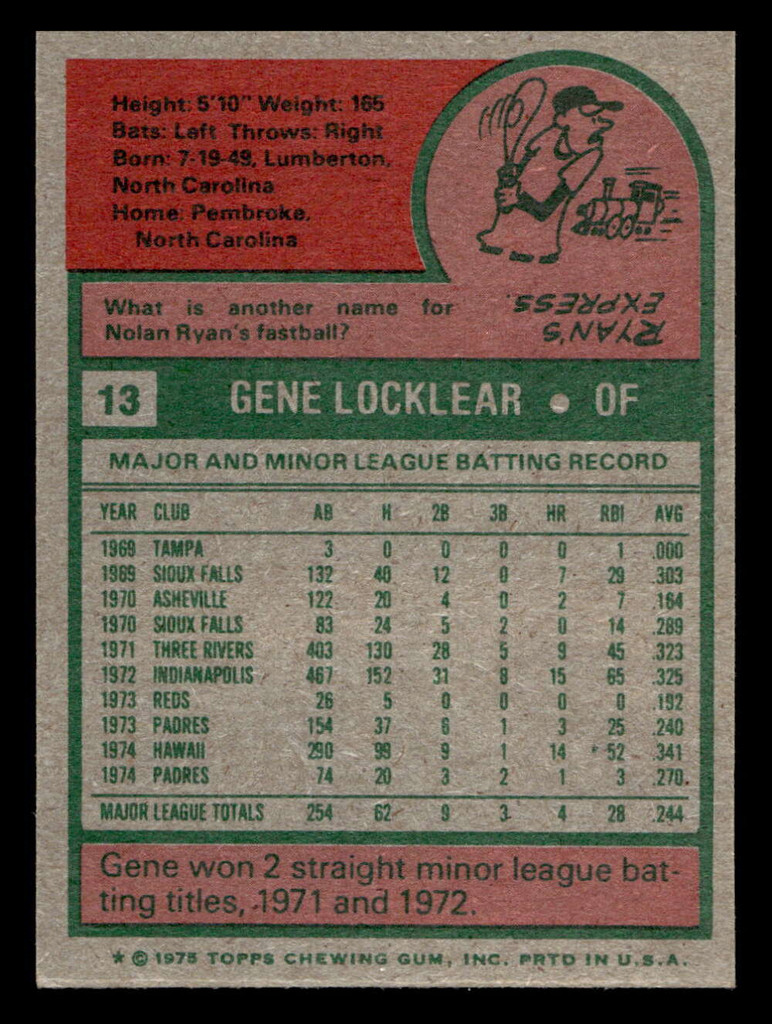 1975 Topps Mini #13 Gene Locklear Ex-Mint RC Rookie MINI 