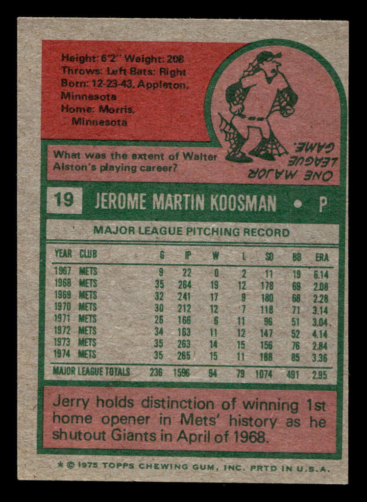 1975 Topps Mini #19 Jerry Koosman Ex-Mint MINI  ID: 513342