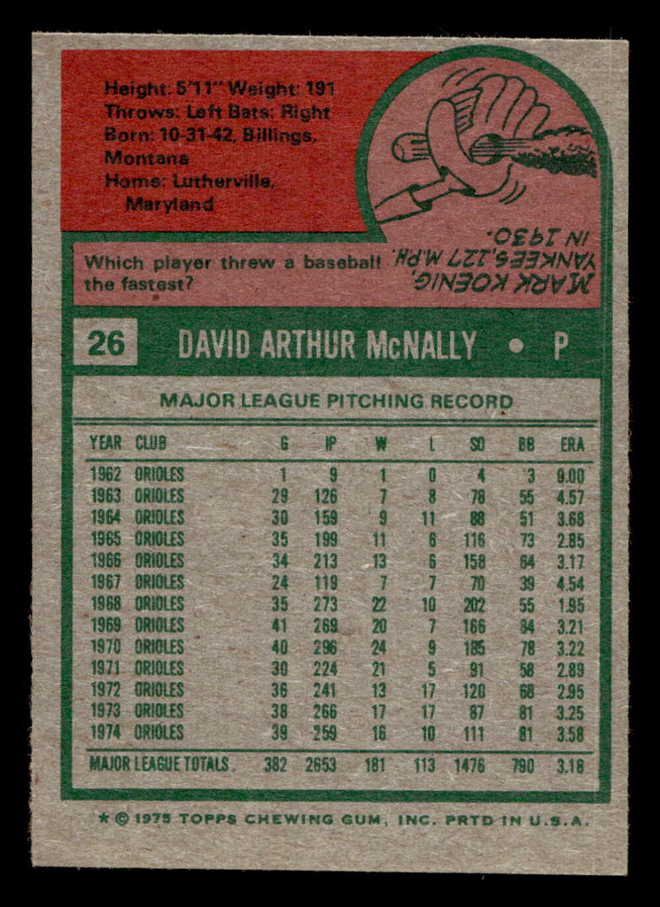 1975 Topps Mini #26 Dave McNally Ex-Mint MINI  ID: 513349