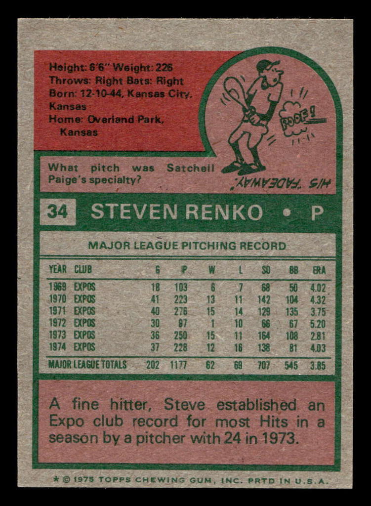 1975 Topps Mini #34 Steve Renko Ex-Mint MINI  ID: 513360