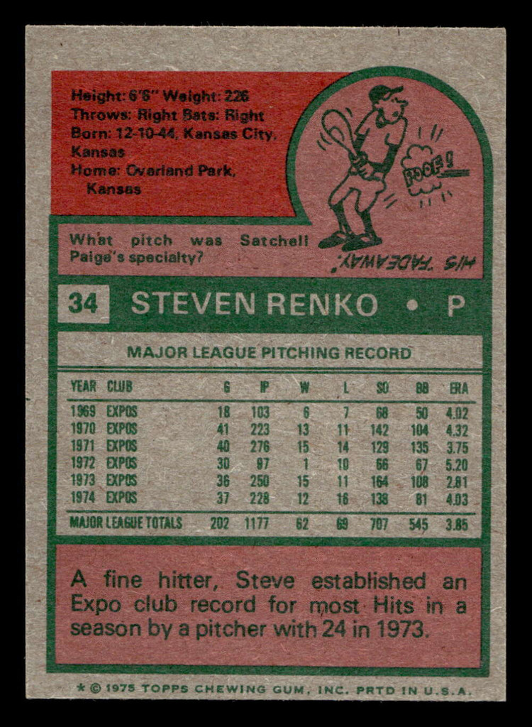 1975 Topps Mini #34 Steve Renko Ex-Mint MINI  ID: 513361