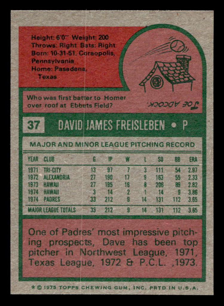 1975 Topps Mini #37 Dave Freisleben Near Mint MINI  ID: 513369