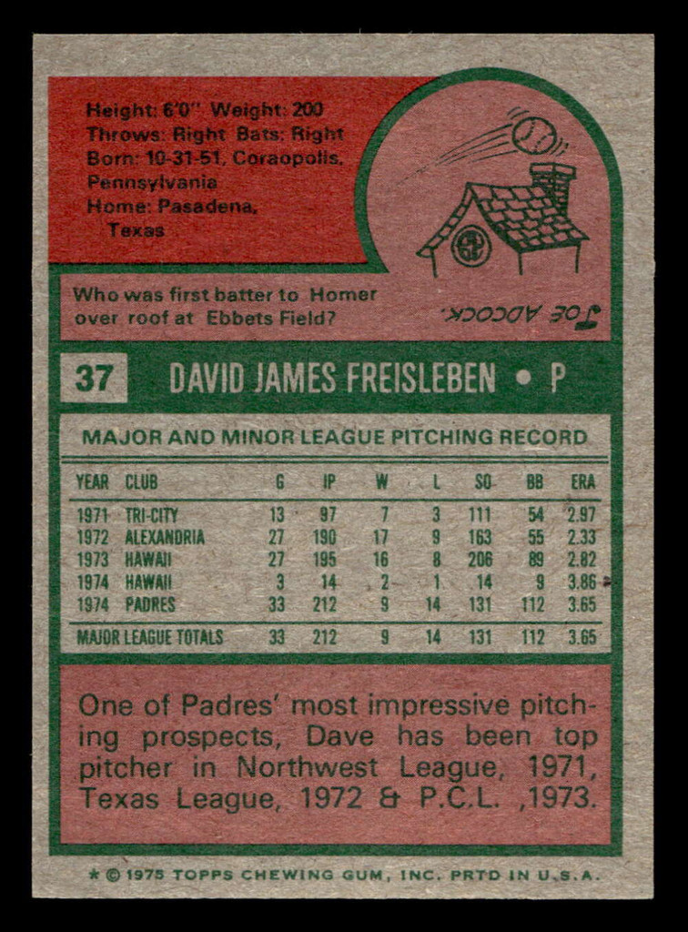 1975 Topps Mini #37 Dave Freisleben Near Mint MINI  ID: 513370