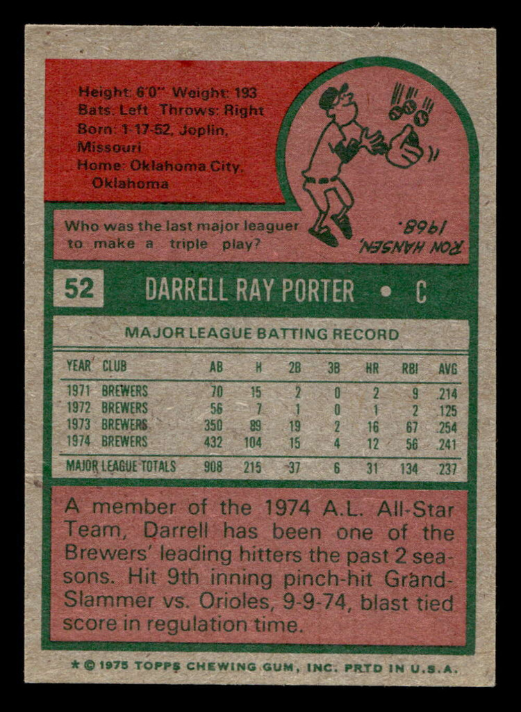 1975 Topps Mini #52 Darrell Porter Ex-Mint MINI  ID: 513395