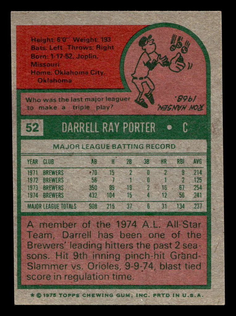 1975 Topps Mini #52 Darrell Porter Ex-Mint MINI  ID: 513396