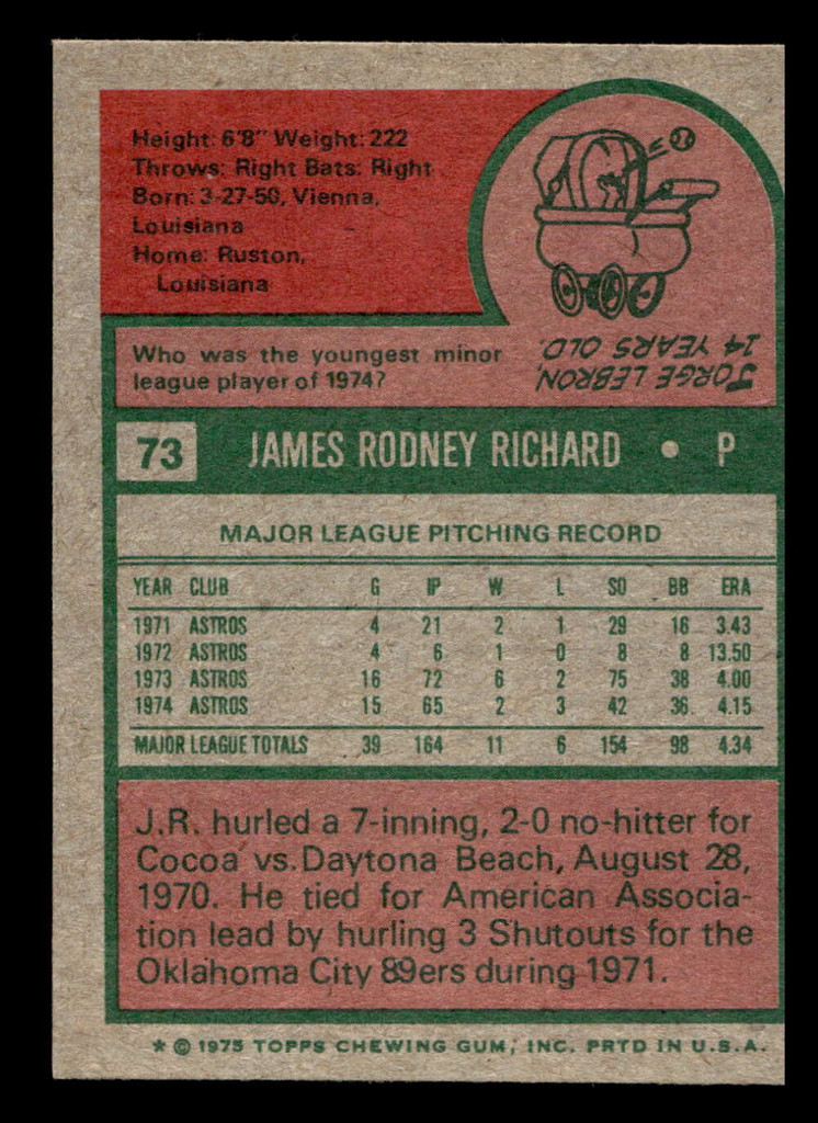 1975 Topps Mini #73 J.R. Richard Ex-Mint MINI 