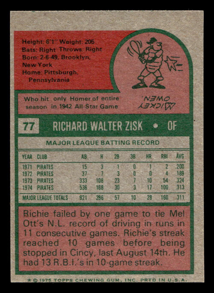 1975 Topps Mini #77 Richie Zisk Near Mint MINI  ID: 513436
