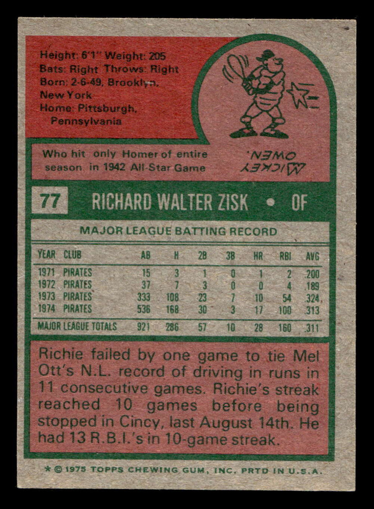 1975 Topps Mini #77 Richie Zisk Near Mint MINI  ID: 513438