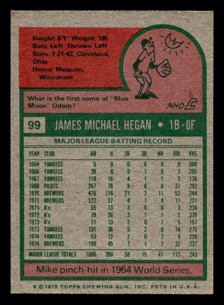 1975 Topps Mini #99 Mike Hegan Ex-Mint MINI 