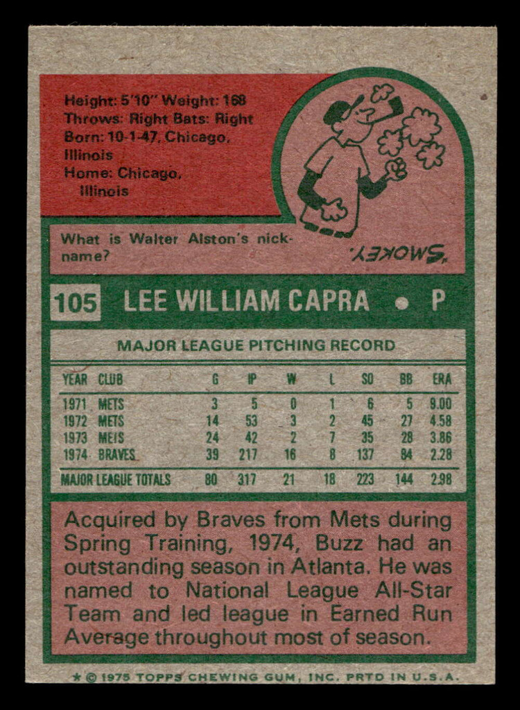 1975 Topps Mini #105 Buzz Capra Ex-Mint MINI 
