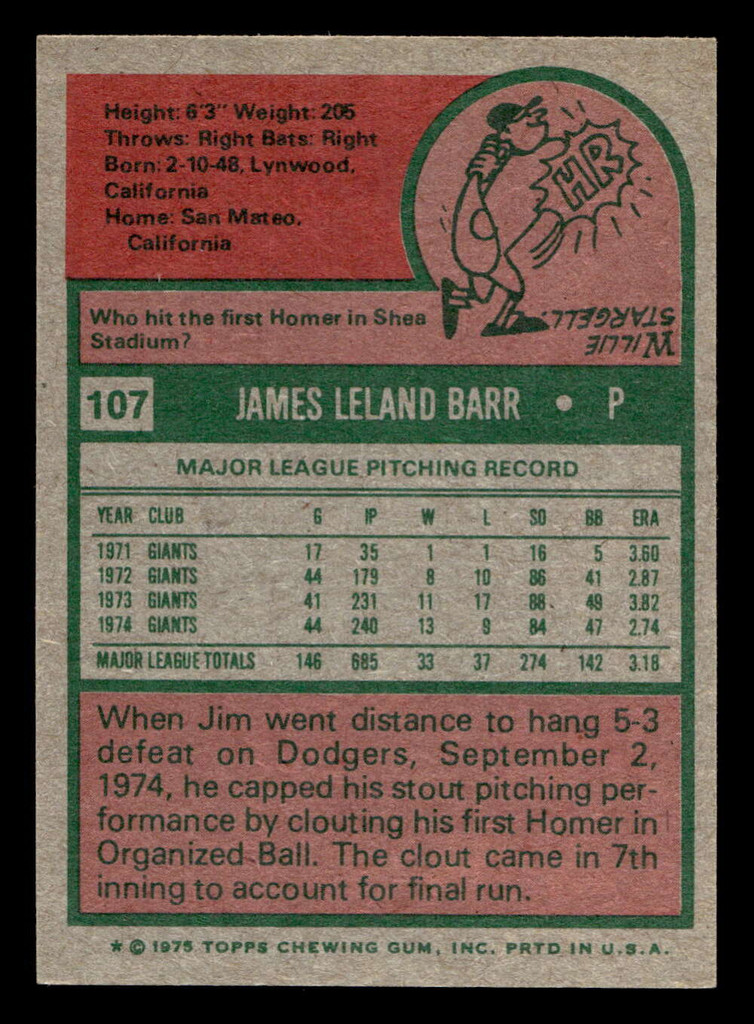 1975 Topps Mini #107 Jim Barr Near Mint MINI  ID: 513471